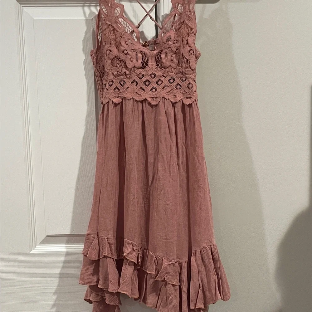 Free People One- Lace Bodice Tiered Ruffle Sundress - Dusty Rose- Size Small - Picture 1 of 12